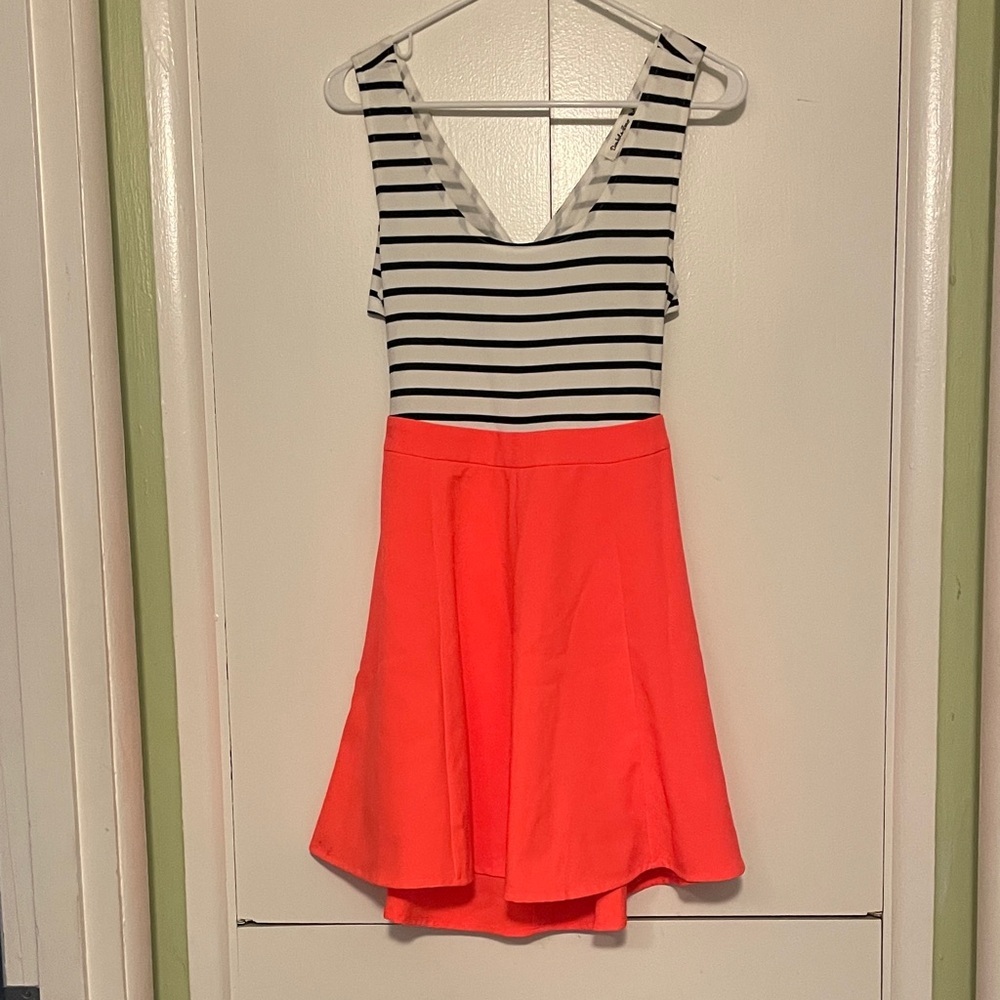 Double Zero Striped Black & White Top with Coral Skirt Backless Dress